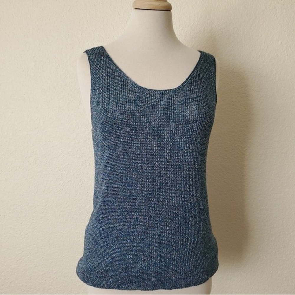 Vintage 90s Blue Crochet Knit Tank Christine Phillipe Sleeveless Shimmer Top M - Picture 3 of 14